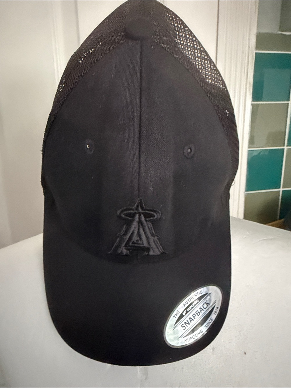 Black Embroidered Logo Mesh-Back Snapback Hat